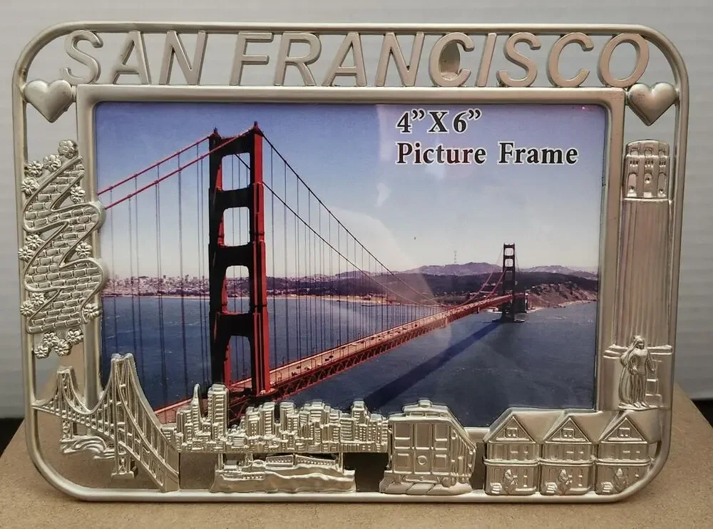 Vintage San Francisco Pewter Picture Frame 4x6 Landmark Icons Golden Gate Bridge